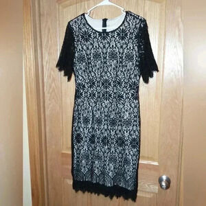 NWT MSLG black and cream lace midi dress size L
